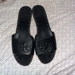 Tory Burch slides black with wood bottom rubber below new never worn 9.5